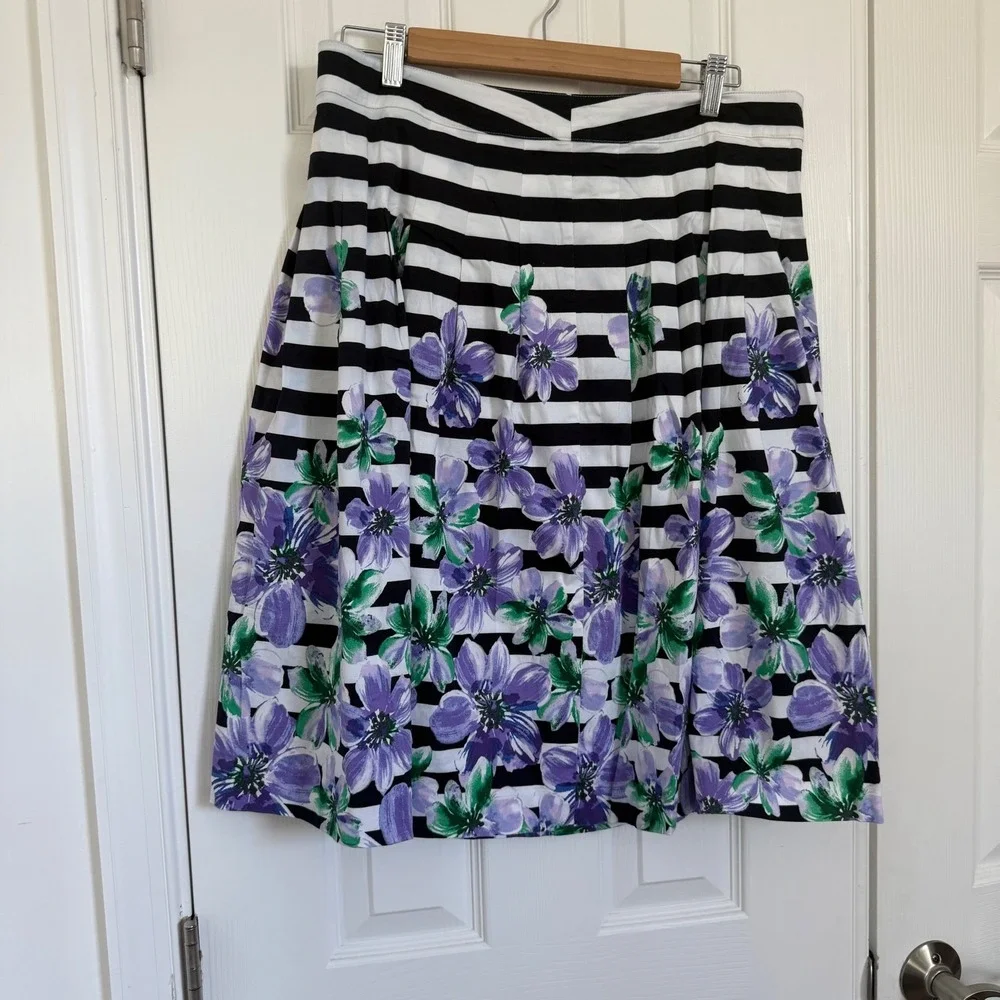 Talbots Petites Floral‎ Striped Pleated A-Line Skirt Navy White Purple 14P EUC